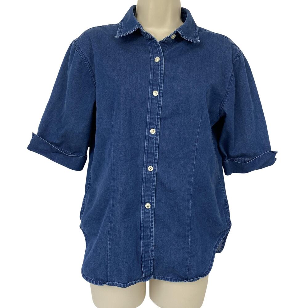 Vintage Talbots Denim Shirt M Blue Chambray Half Sleeve Button Up Tradwife 90s